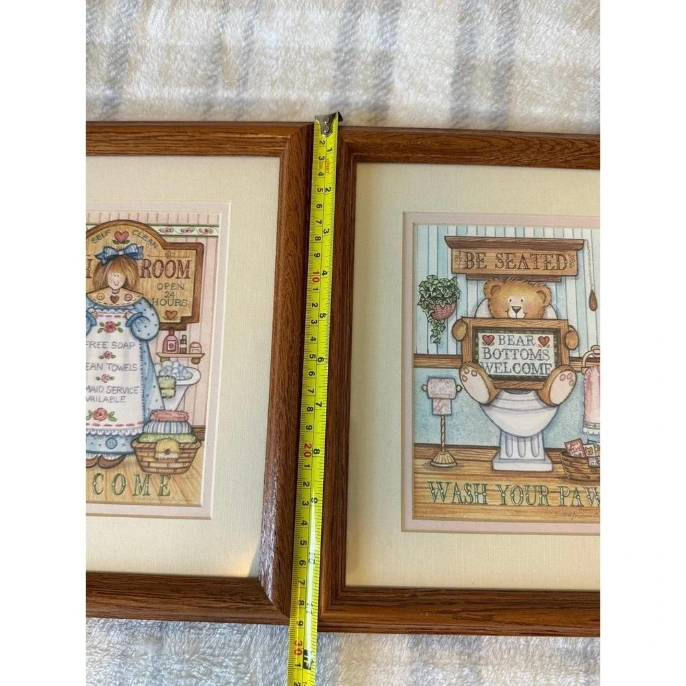 Vintage Country Bathroom Wall Art Set Framed Prints Farmhouse Decor Teddy Bear